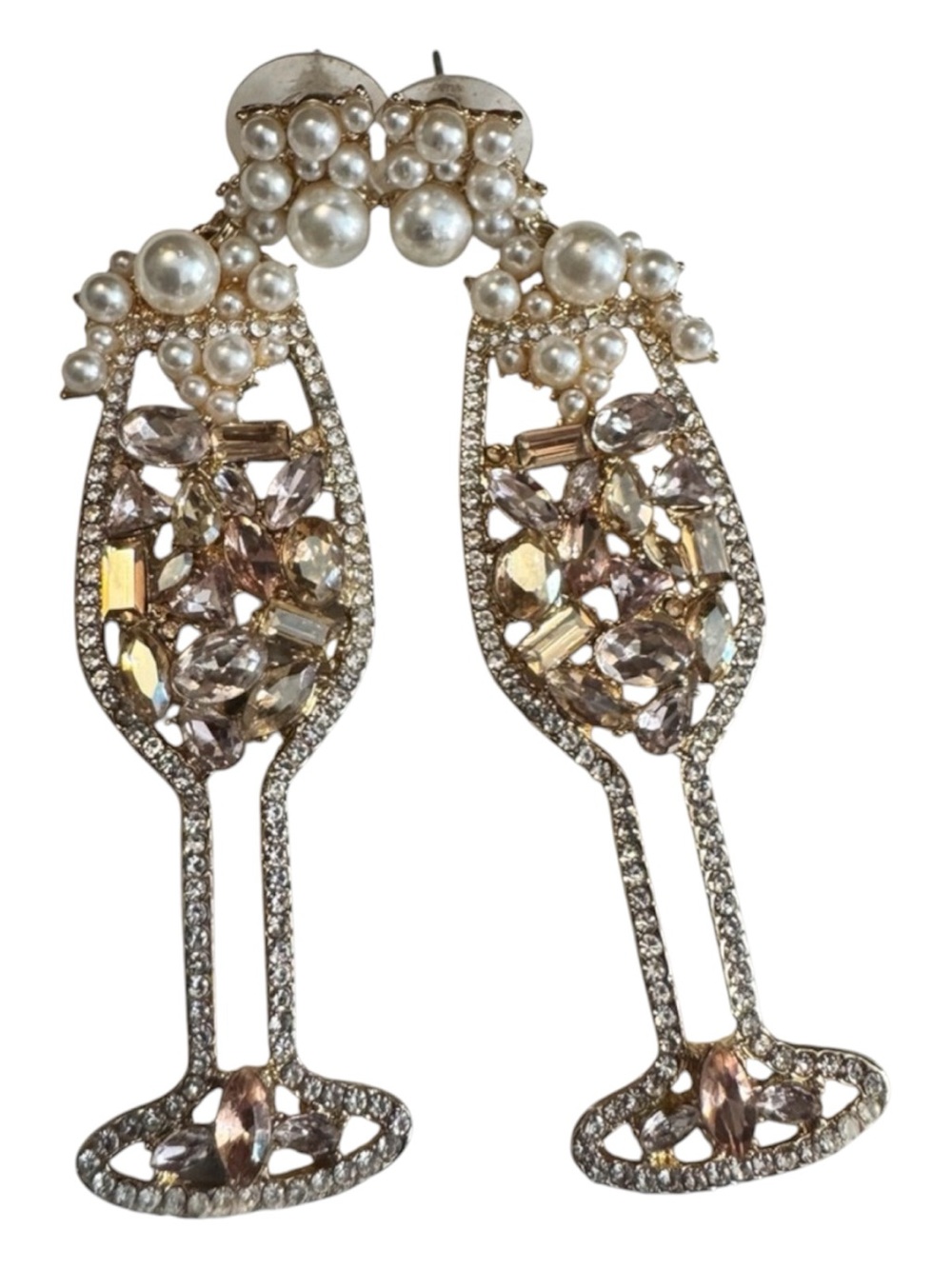 Christian Siriano New York Champagne Glass Rhinestone Pearl Drop Earrings Cheers